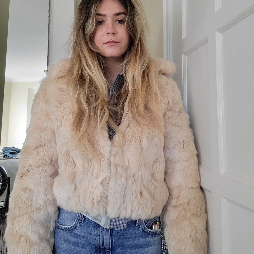 VINTAGE 100% Rabbit Fur Tan Coat Women's Size Small